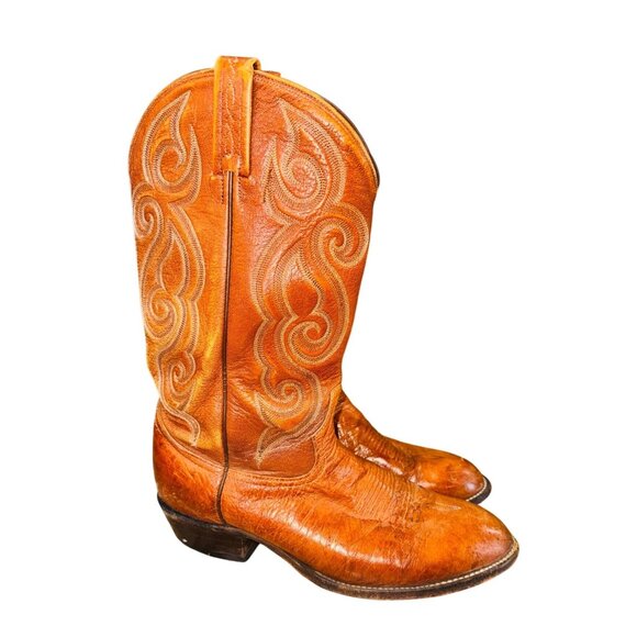 Vintage 90s Tony Lama Mens 8.5D Ostrich Cognac Leather Western Cowboy Boots main image 12